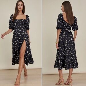 Reformation Belgium Linen Short Sleeve Midi Dress Black Daisy Embroidery Size 4